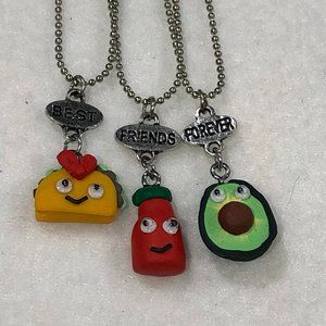 BEST FRIENDS FOREVER Taco, Avocado & Hot Sauce Pendants 3 Necklaces Set BFF